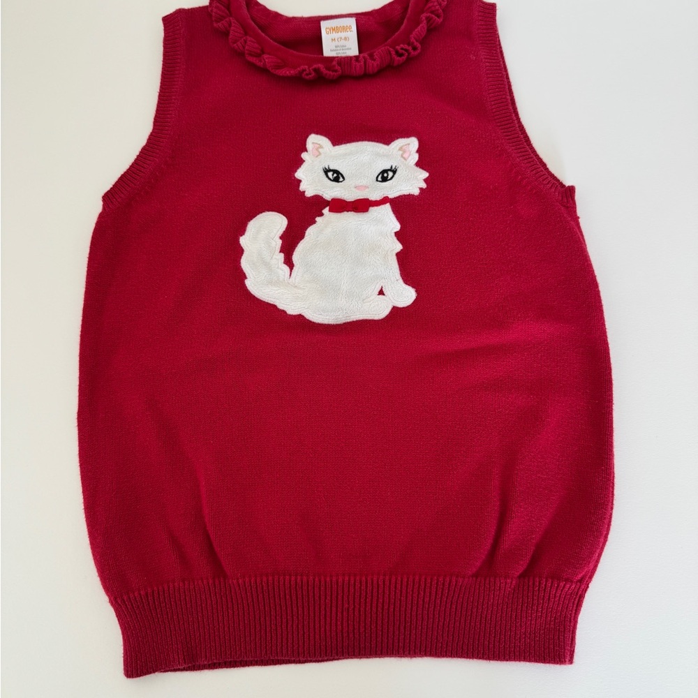 Red Sleeveless Sweater with Cat Design